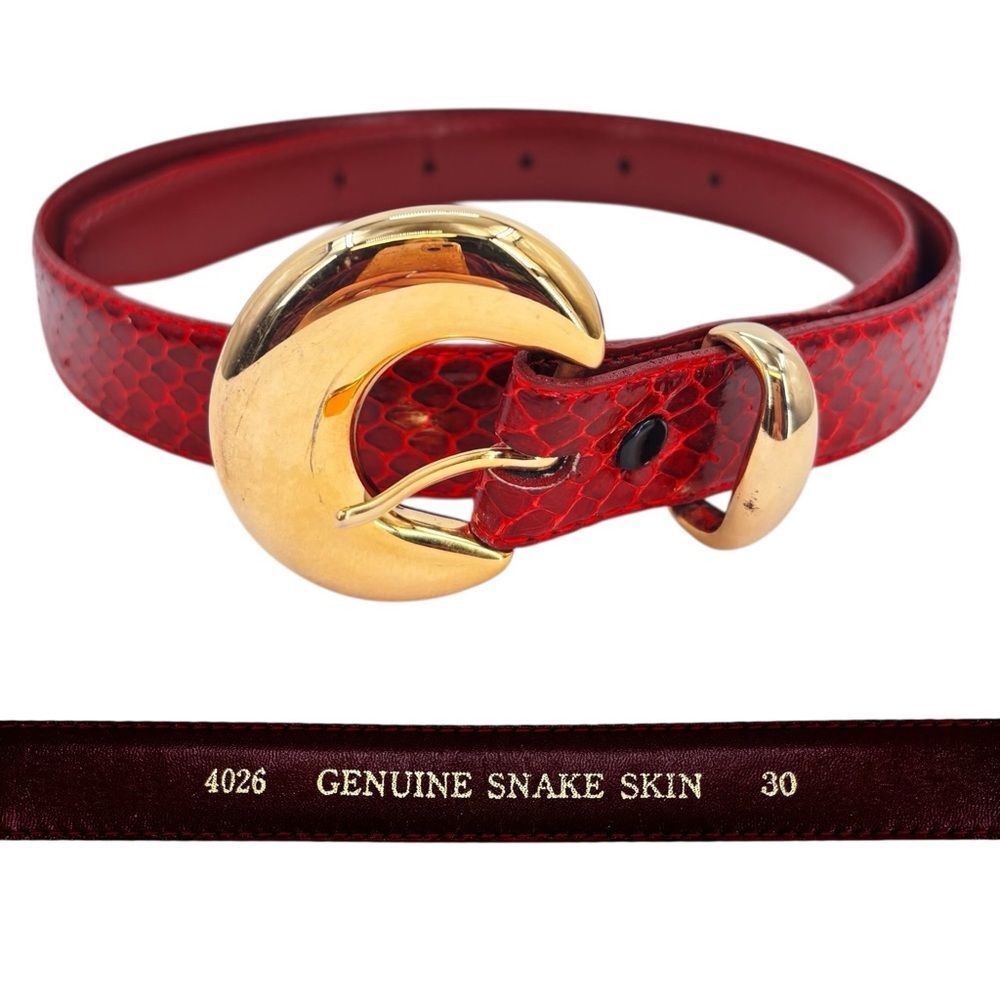 Red Snakeskin Leather Belt Gold Buckle Sz.30